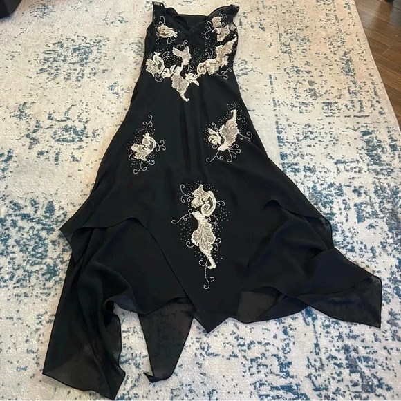 Dark Fairy Wimsy Goth Black Beaded lined gown size small raw hem sheer - Picture 7 of 14